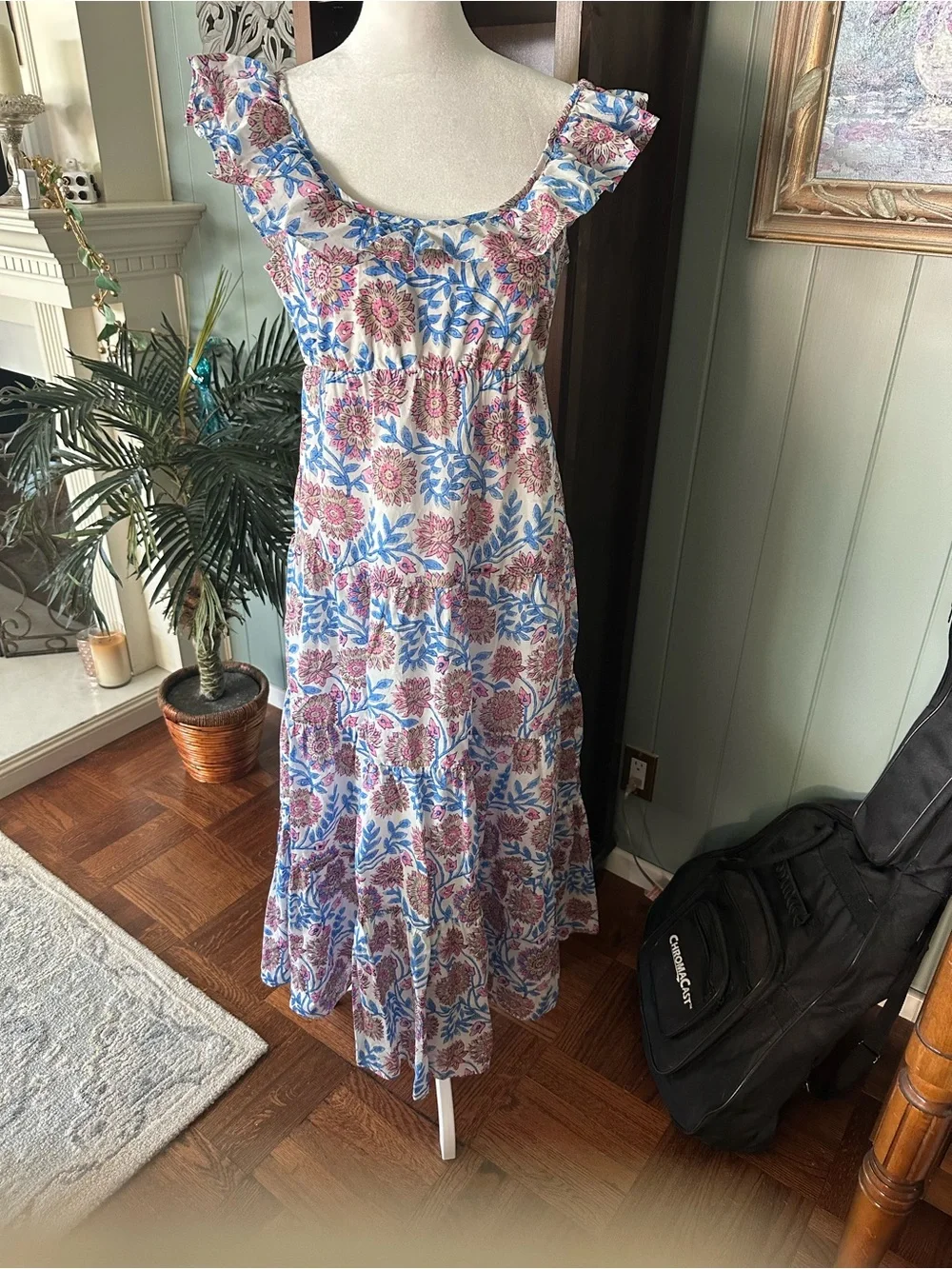 J. Crew 100% Cotton Floral Ruffle-Strap Maxi Dress in Blue & Pink